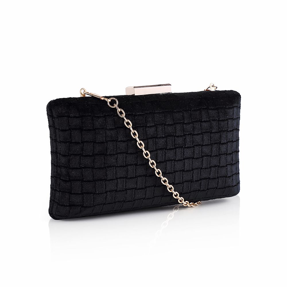 Fluwelen zwarte clutch met geweven patroon, zijkant