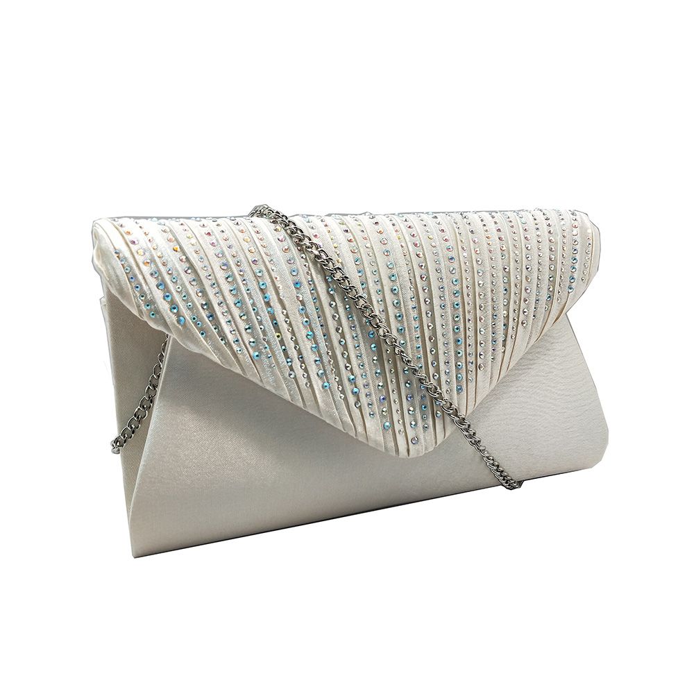Zijaanzicht van de Ivoorkleurige Glamour clutch met pailletten versierde klep