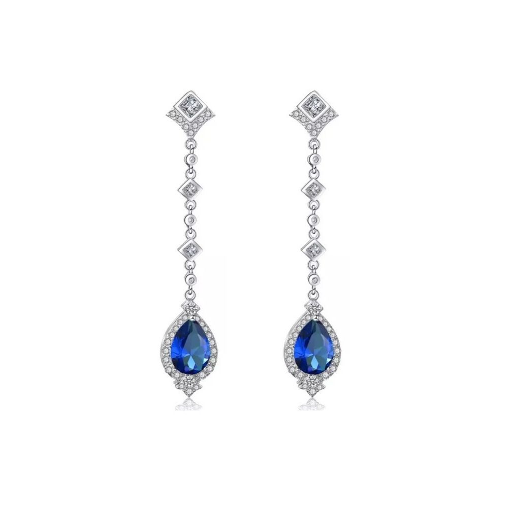 Lange glamour oorbellen met zirkonia en saffierblauwe kristal