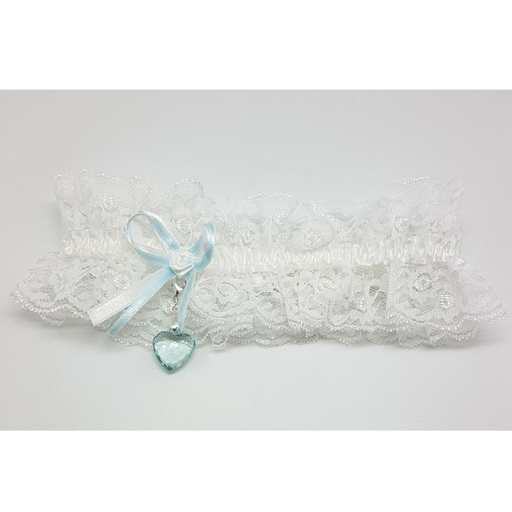 Kousenband van kant met blauw strikje en glaskristal hartje