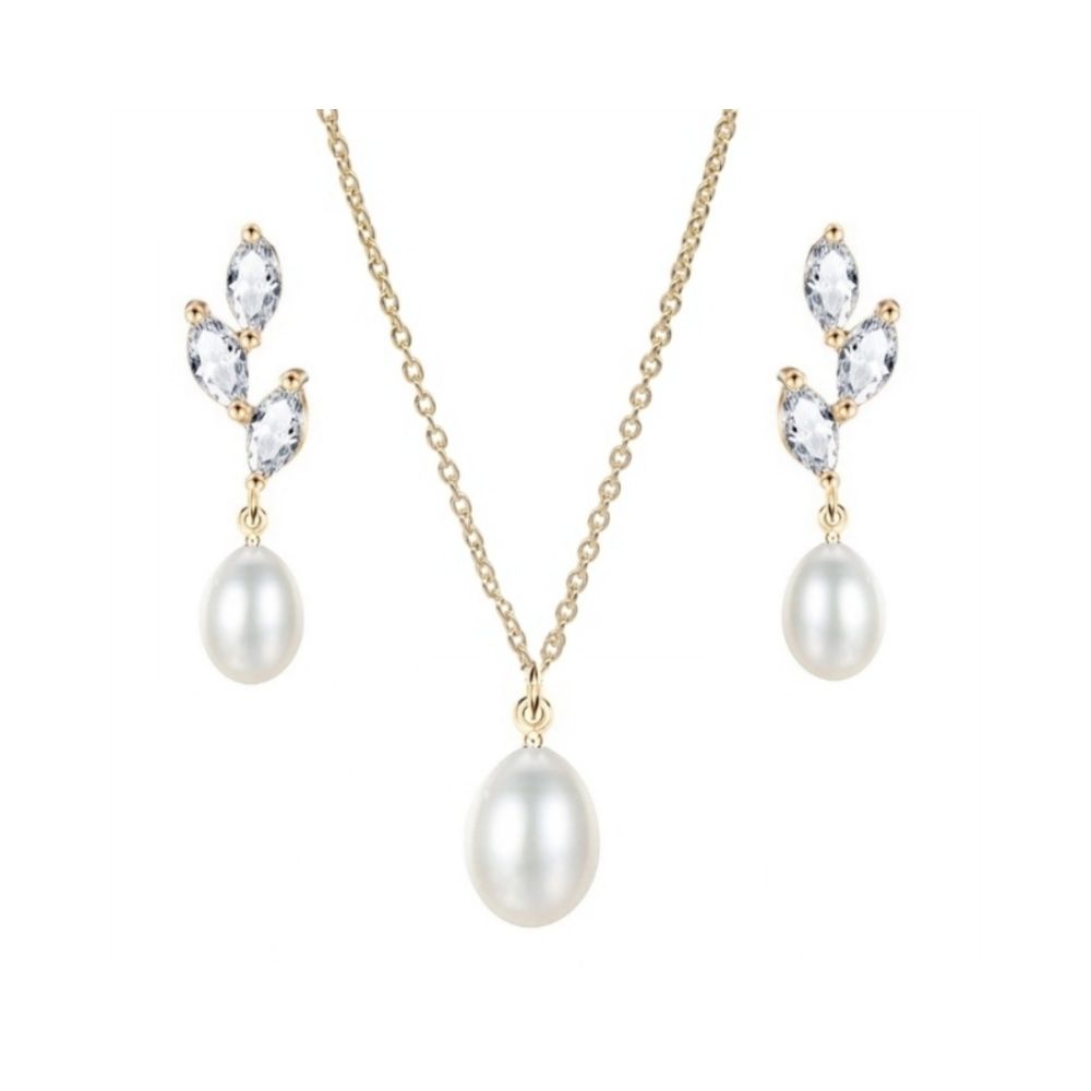 Ketting en oorbellen set met parelhangers en zirkonia kristallen
