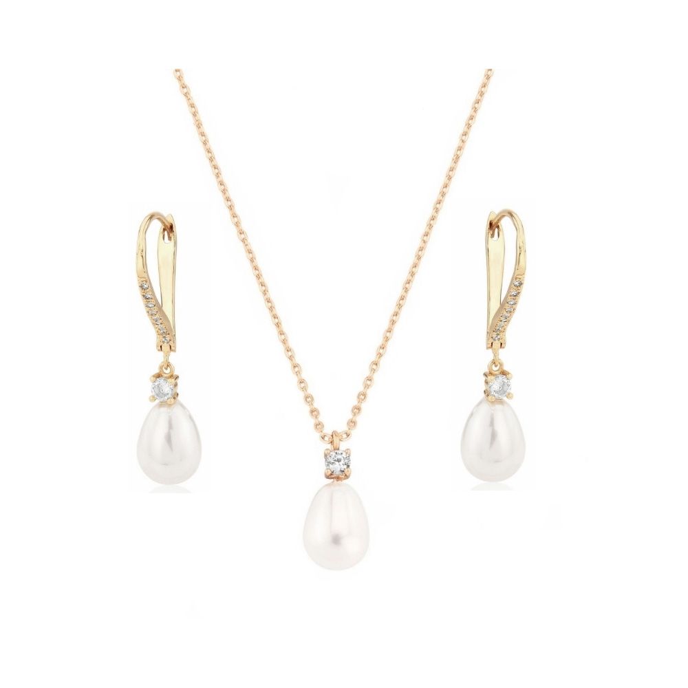 Vintage style goudkleurige ketting en oorbellen set parels en kristallen