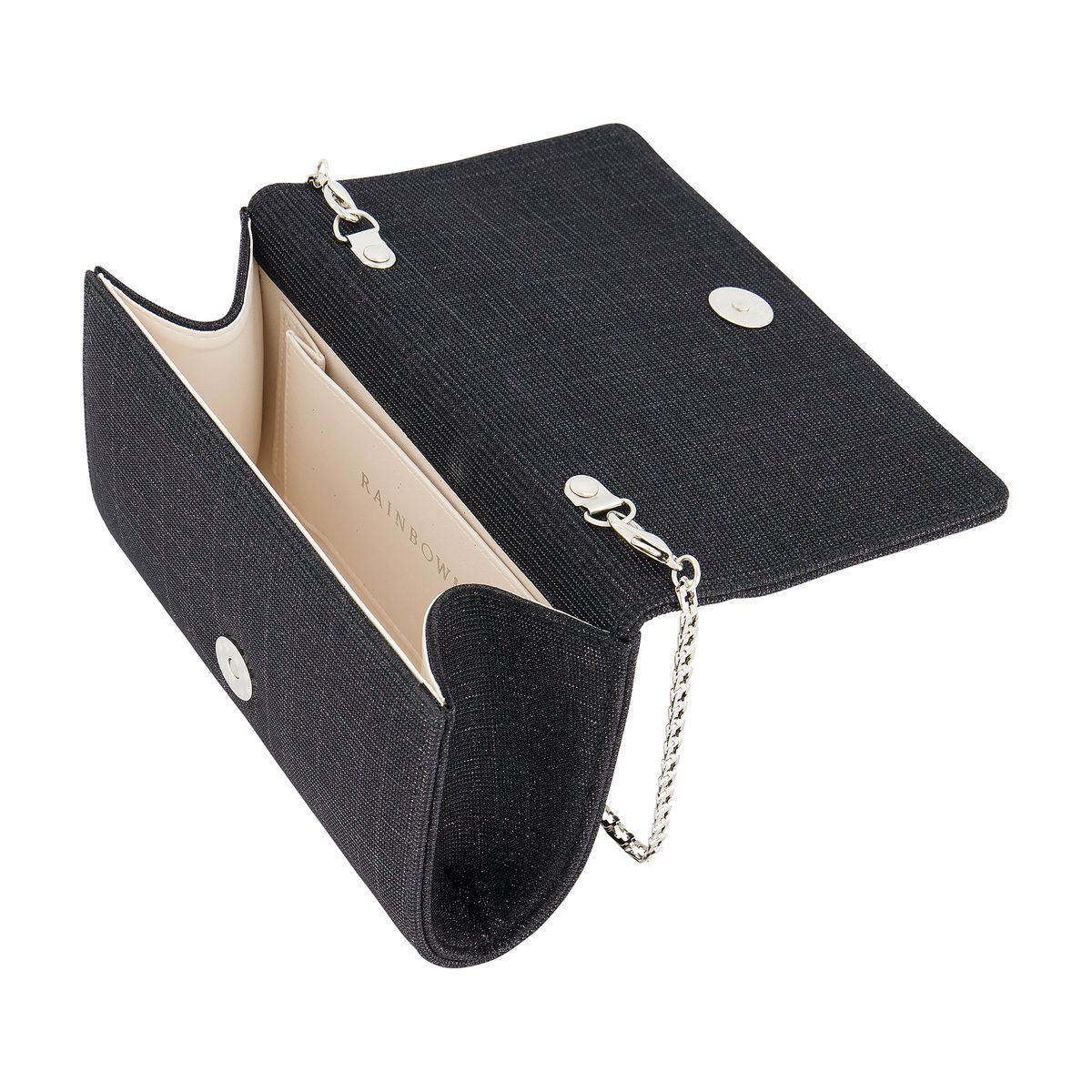 Geopende Zwarte compacte clutch met halve envelop klep