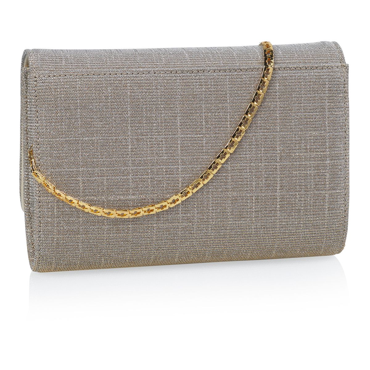 Achterkant van de Goudkleurige kleine metallic clutch met glitter afwerking