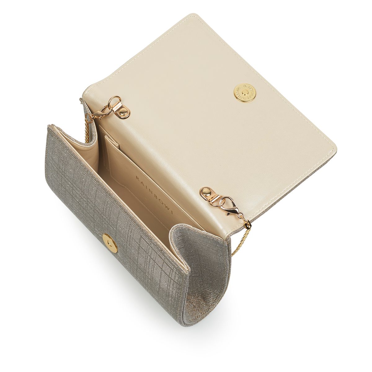 Geopende Goudkleurige kleine metallic clutch met glitter afwerking
