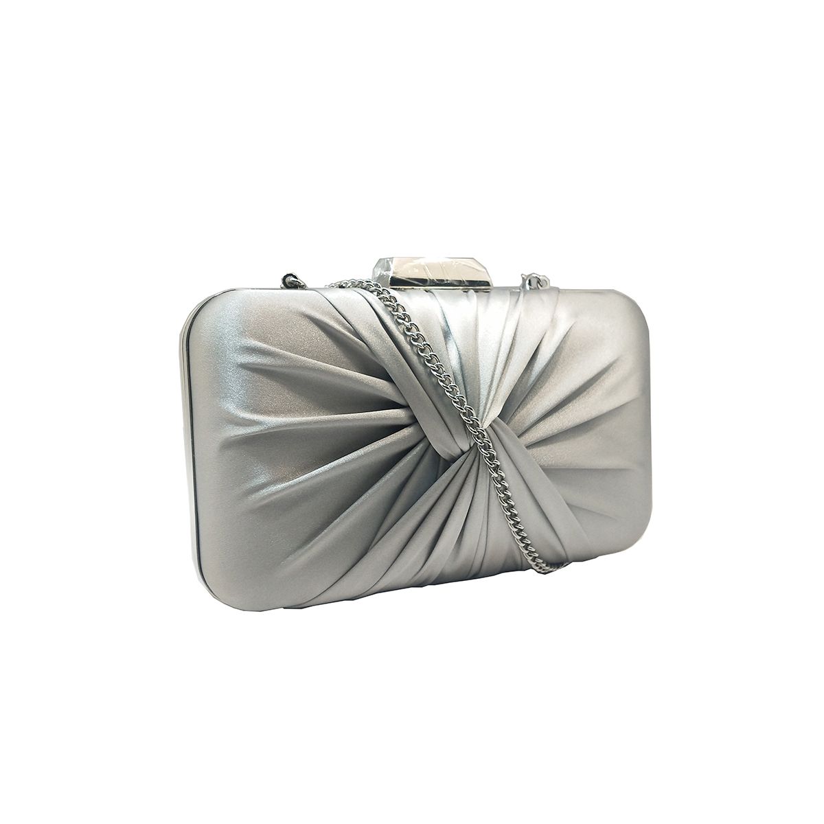 Zilverkleurige Clutch met stijlvolle twist voorkant, zijaanzicht