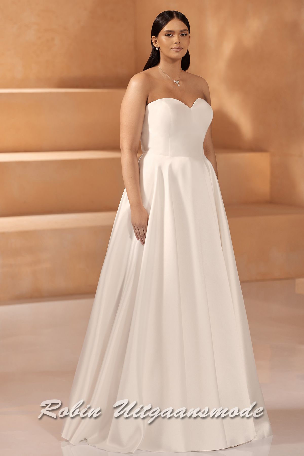Plus size strapless trouwjurk met heartshape top, een A-lijn rok van een hoge kwaliteit mikado stof