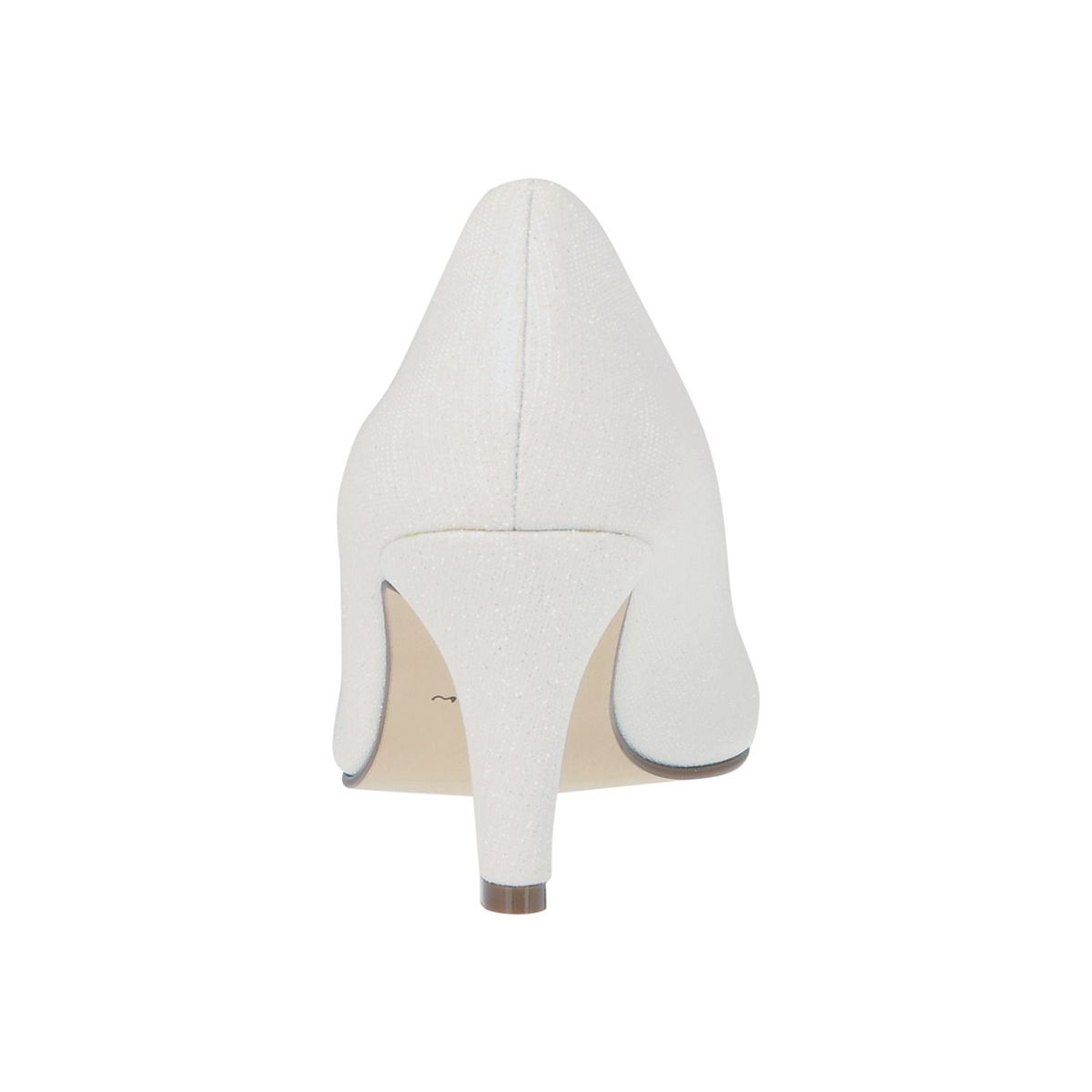 Achterkant van de Off-white metallic glitterschoen met lage hak