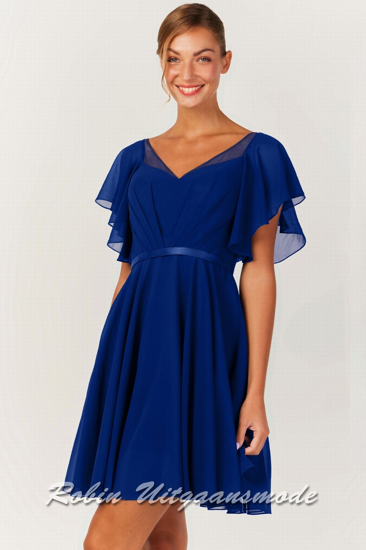 Royal blauw Chiffon cocktailjurkje met geplooide mouwtjes