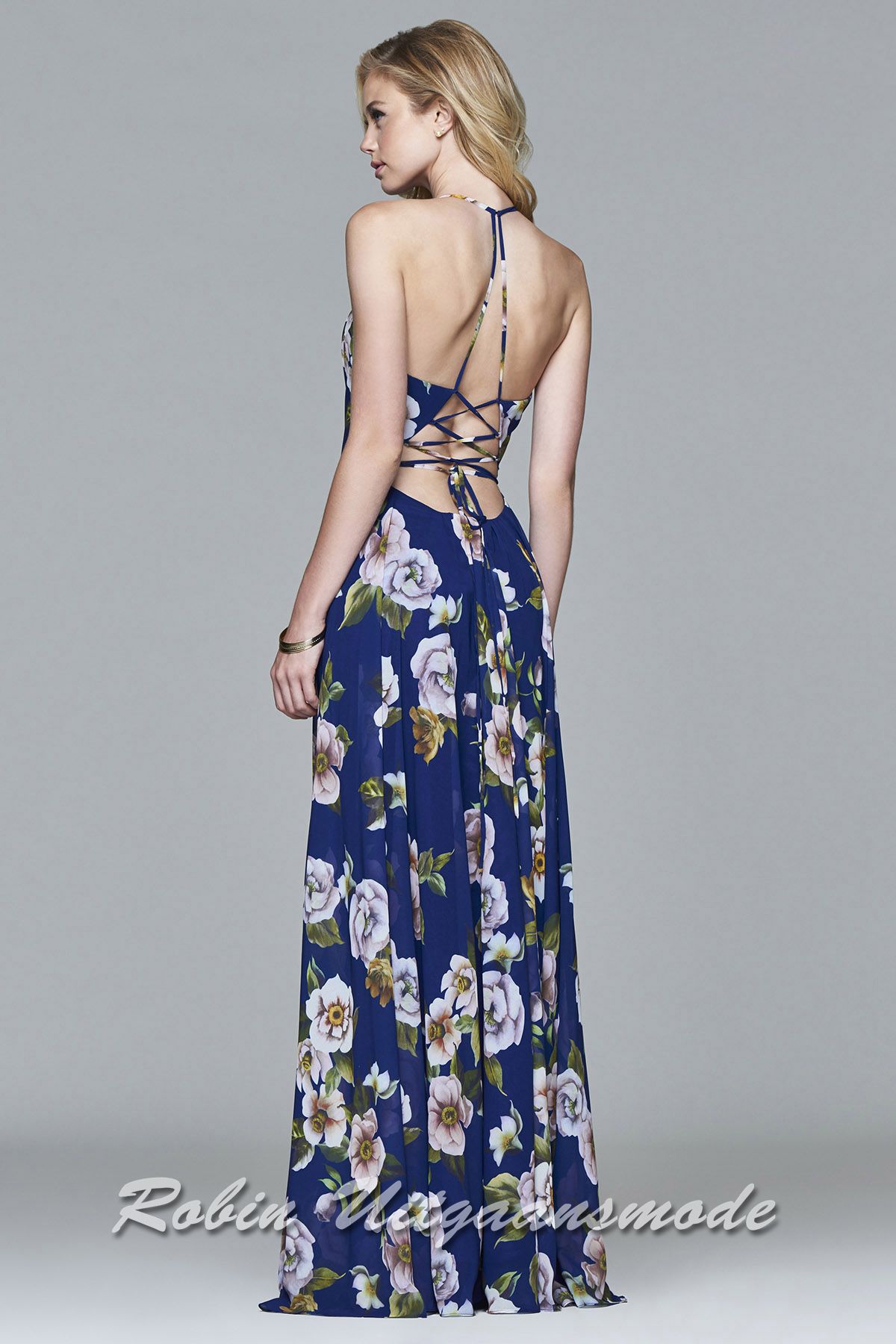 Achterkant van de blauwe Zomerse lange galajurk met bloemenprint