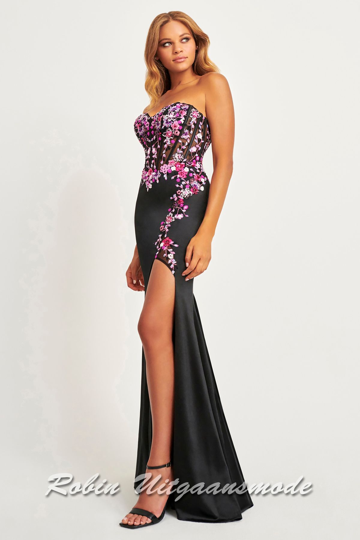 Zwart-fuchsia Strapless galajurk met bloemen korsetlijfje en split