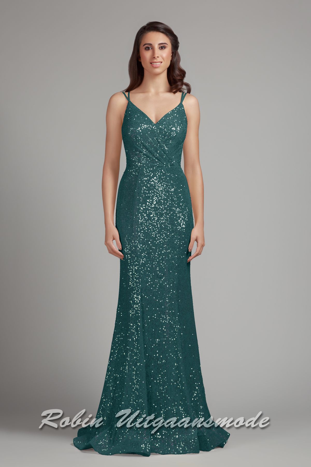Teal Fishtail glitterjurk met gedrapeerde V-hals, smalle bandjes en een rugdecolleté