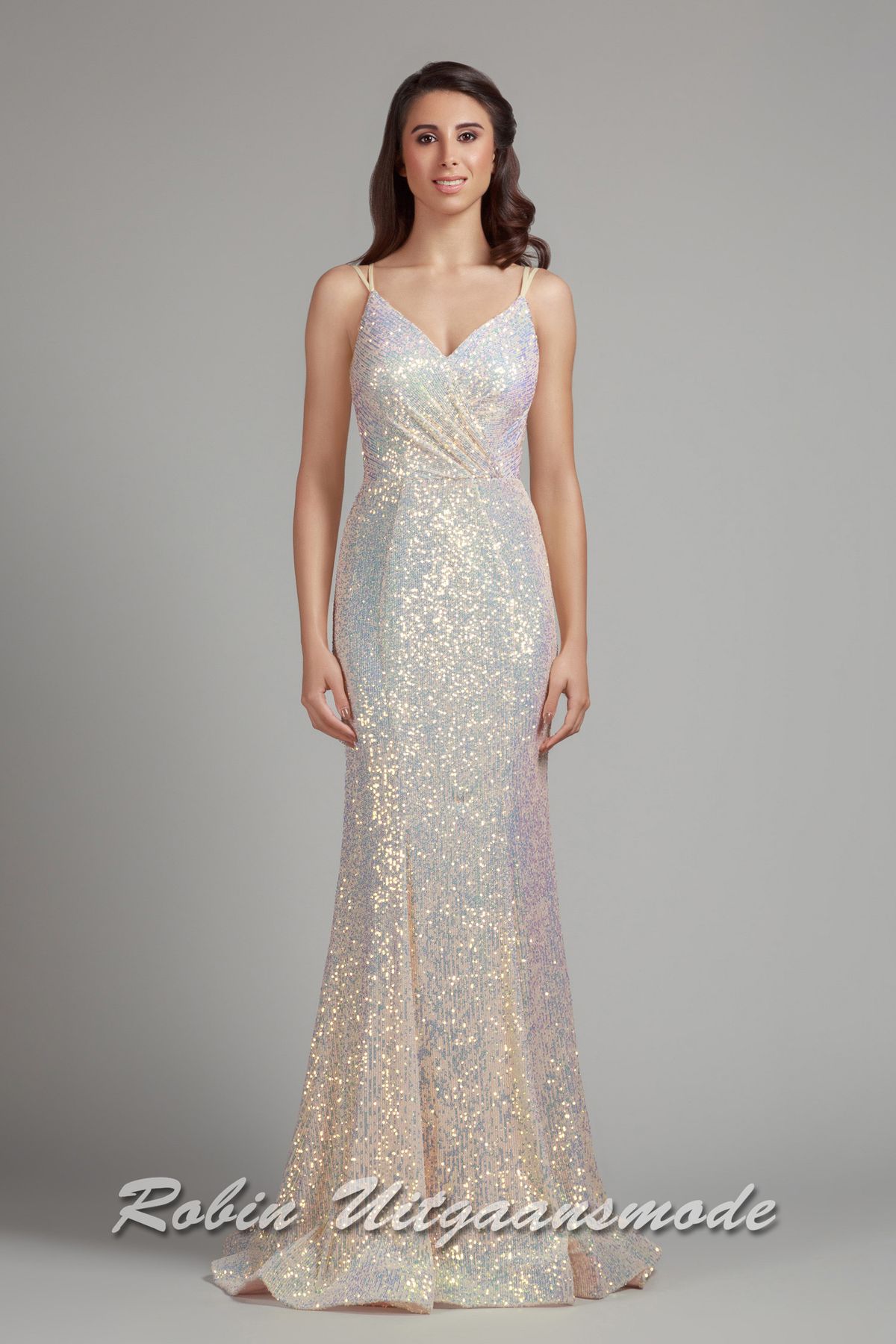 Fishtail glitterjurk met gedrapeerde V-hals, smalle bandjes en een rugdecolleté