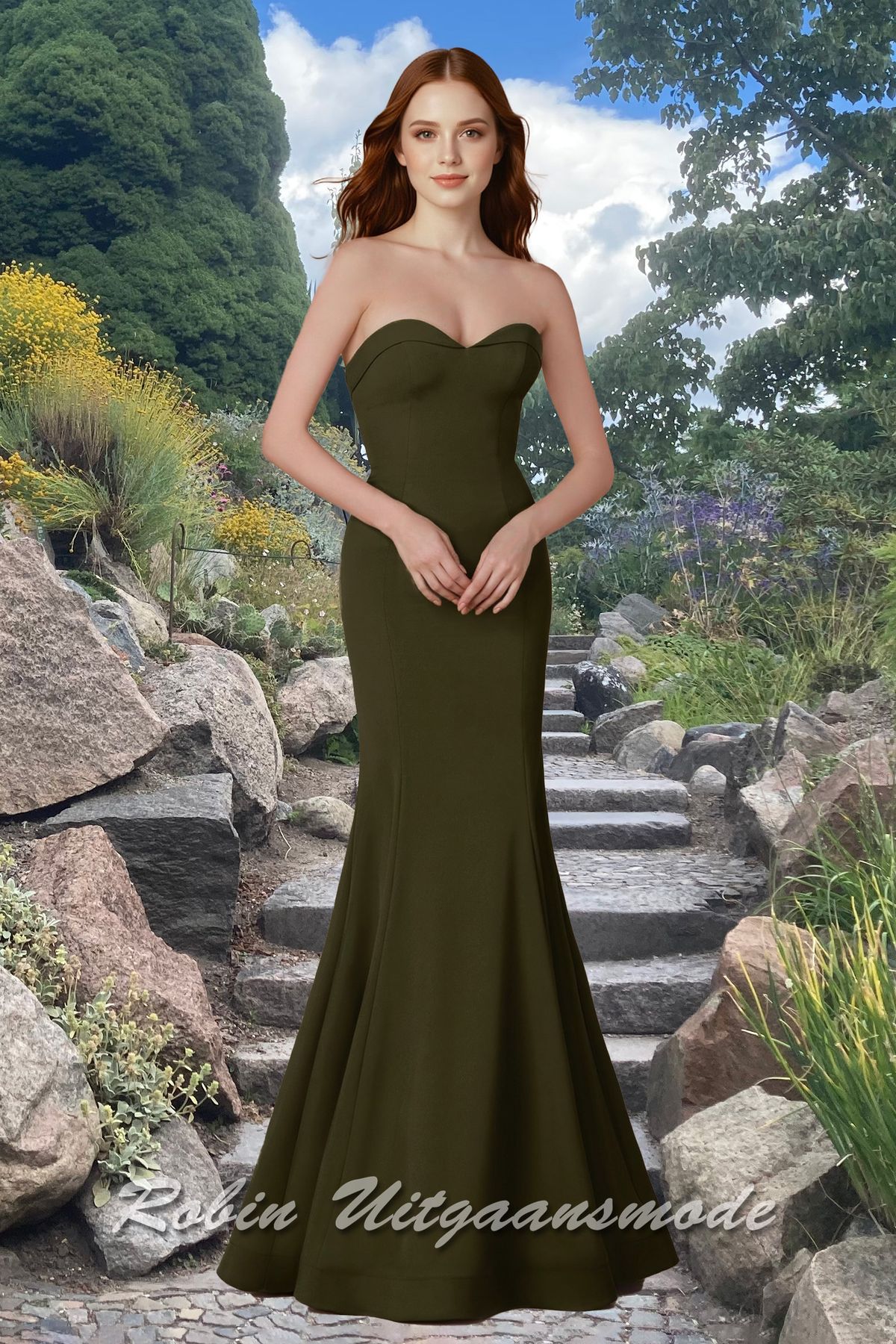 Donkergroene Strapless galajurk met hartvormige halslijn, vetersluiting op de rug en een zeemeermin rok