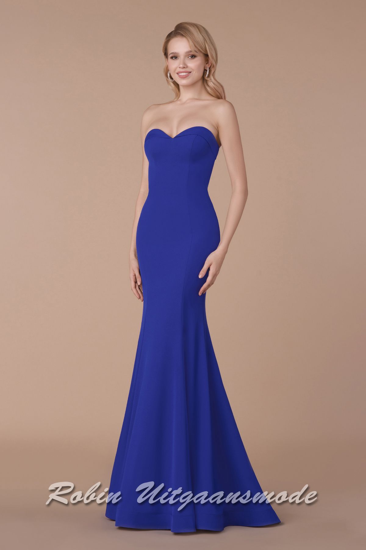 Zijkant van de Strapless galajurk met hartvormige halslijn, vetersluiting op de rug en een zeemeermin rok