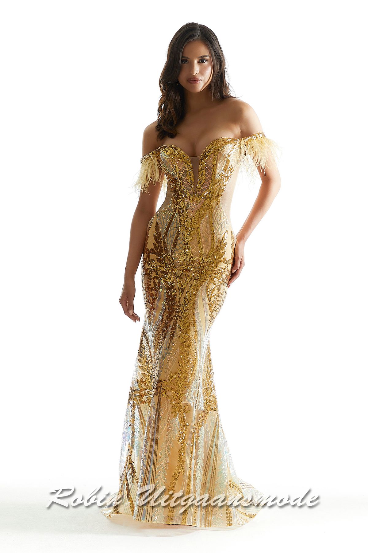 Strapless glamourjurk met zeemeermin rok, afhangende schouderbanden met veren en heartshape bustelijn