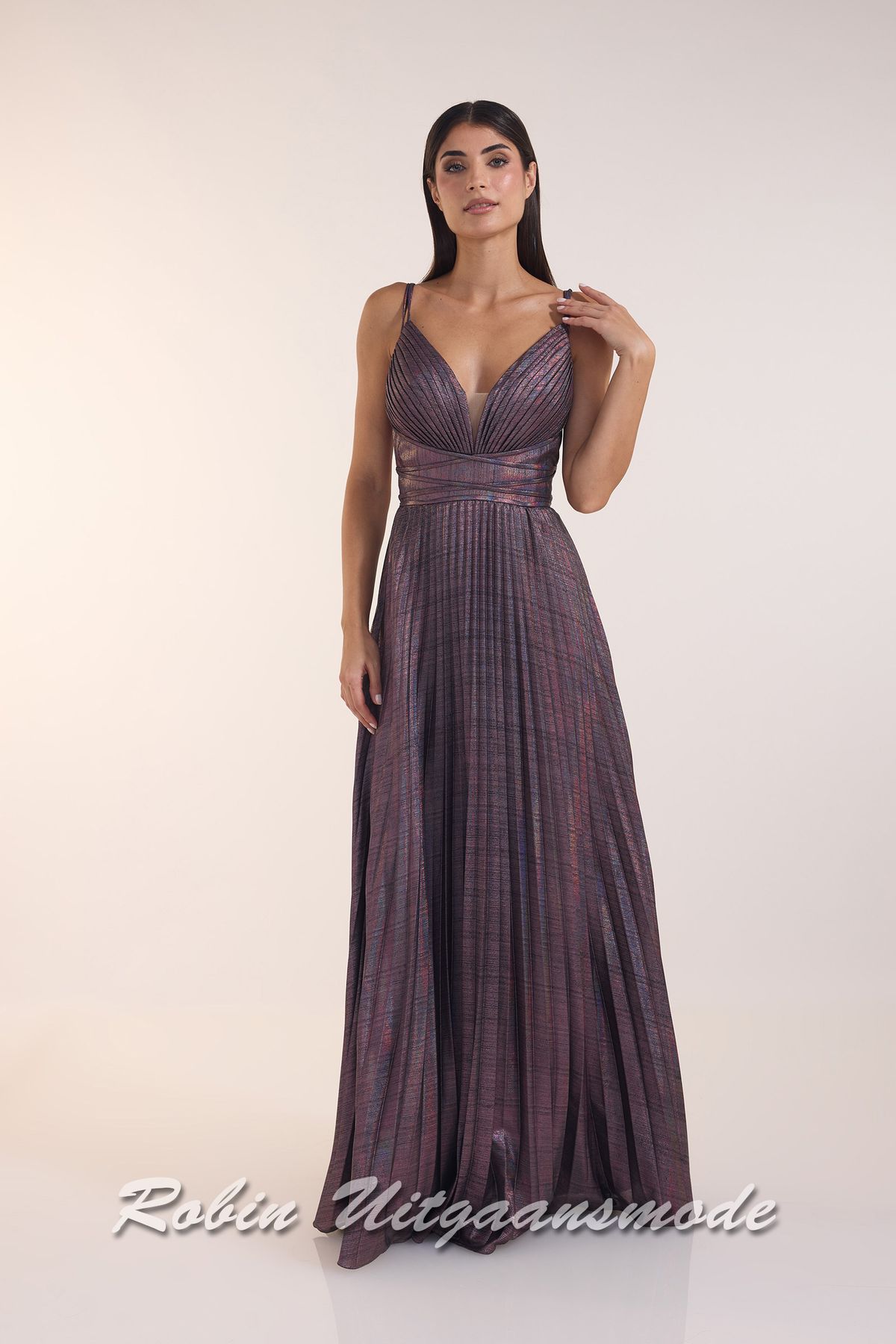 Multi rose metallic plissé galajurk met V-hals, open rug met transparante taille en sluikvallende rok tot de grond