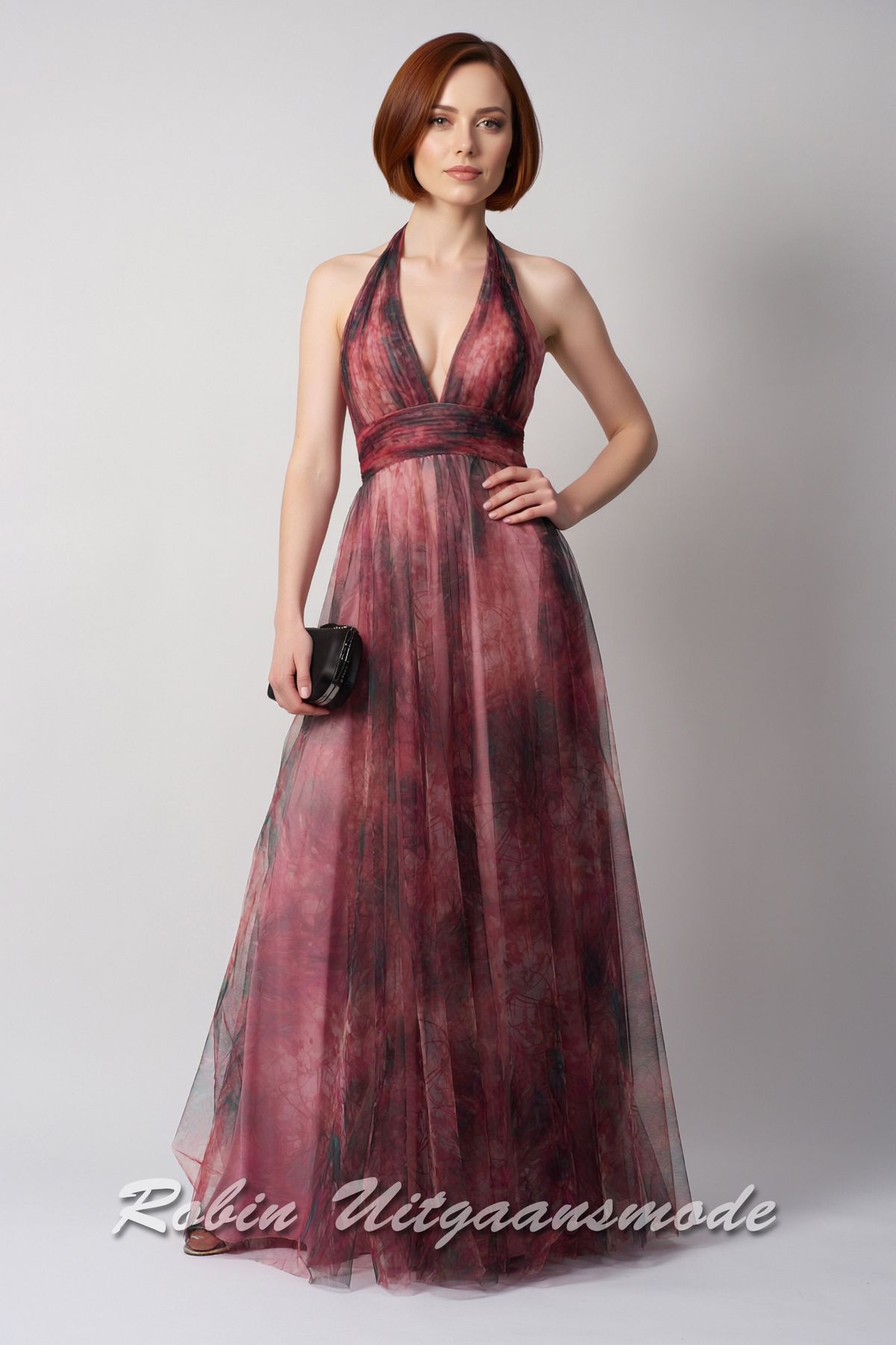 Berry halter avondjurk met print, een vrouwelijk V-halslijn, brede taille band en iets wijd uitlopende rok met tule toplaag