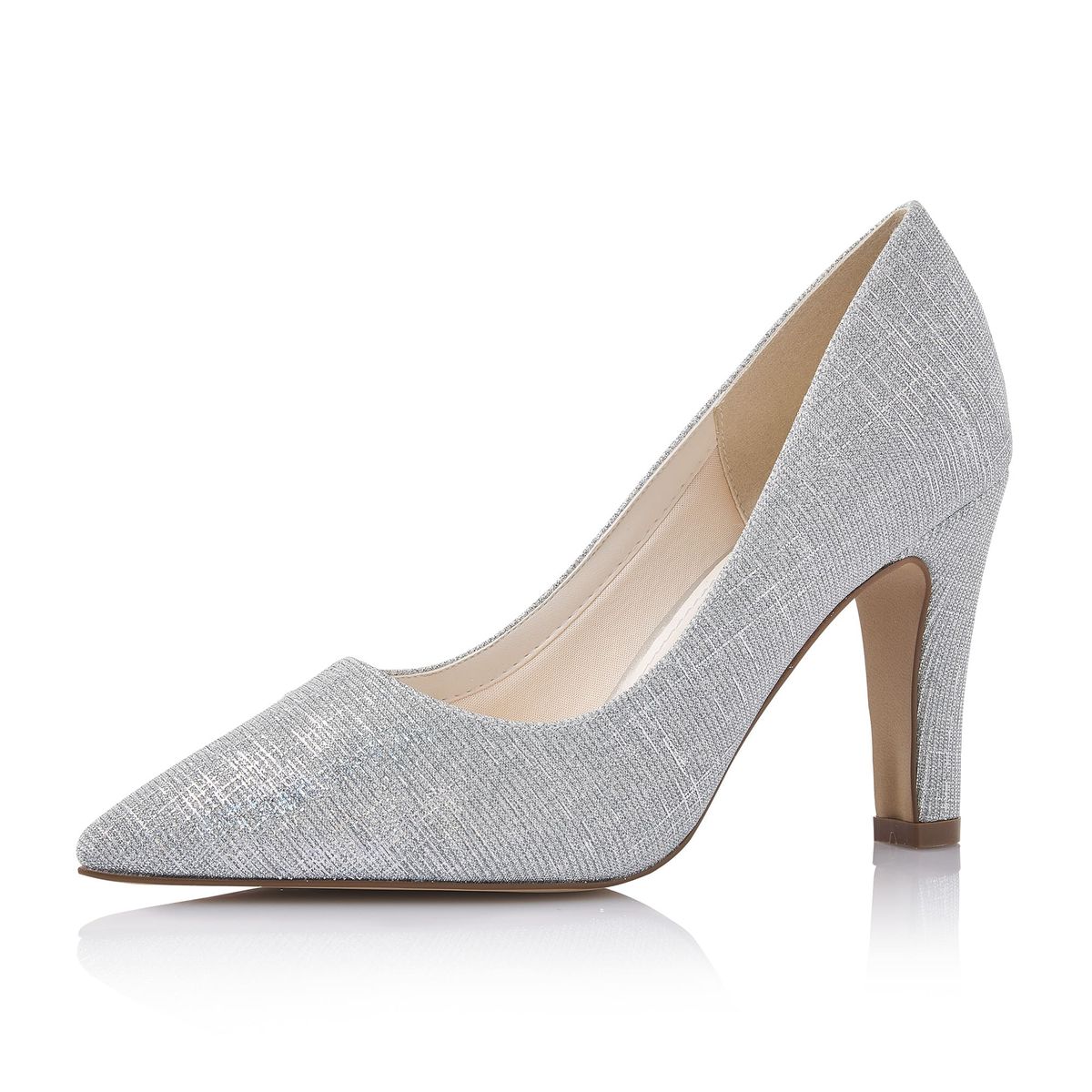 Modieuze zilver metallic pump met elegante neus en hoge hak