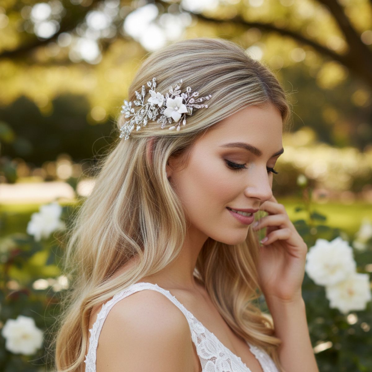 Delicate bloemen haarspeld met imitatie parels, gedragen door een bruid