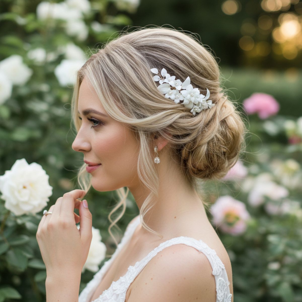 Bruidshaarkam met porseleinen bloemen en parels, gedragen door een bruid