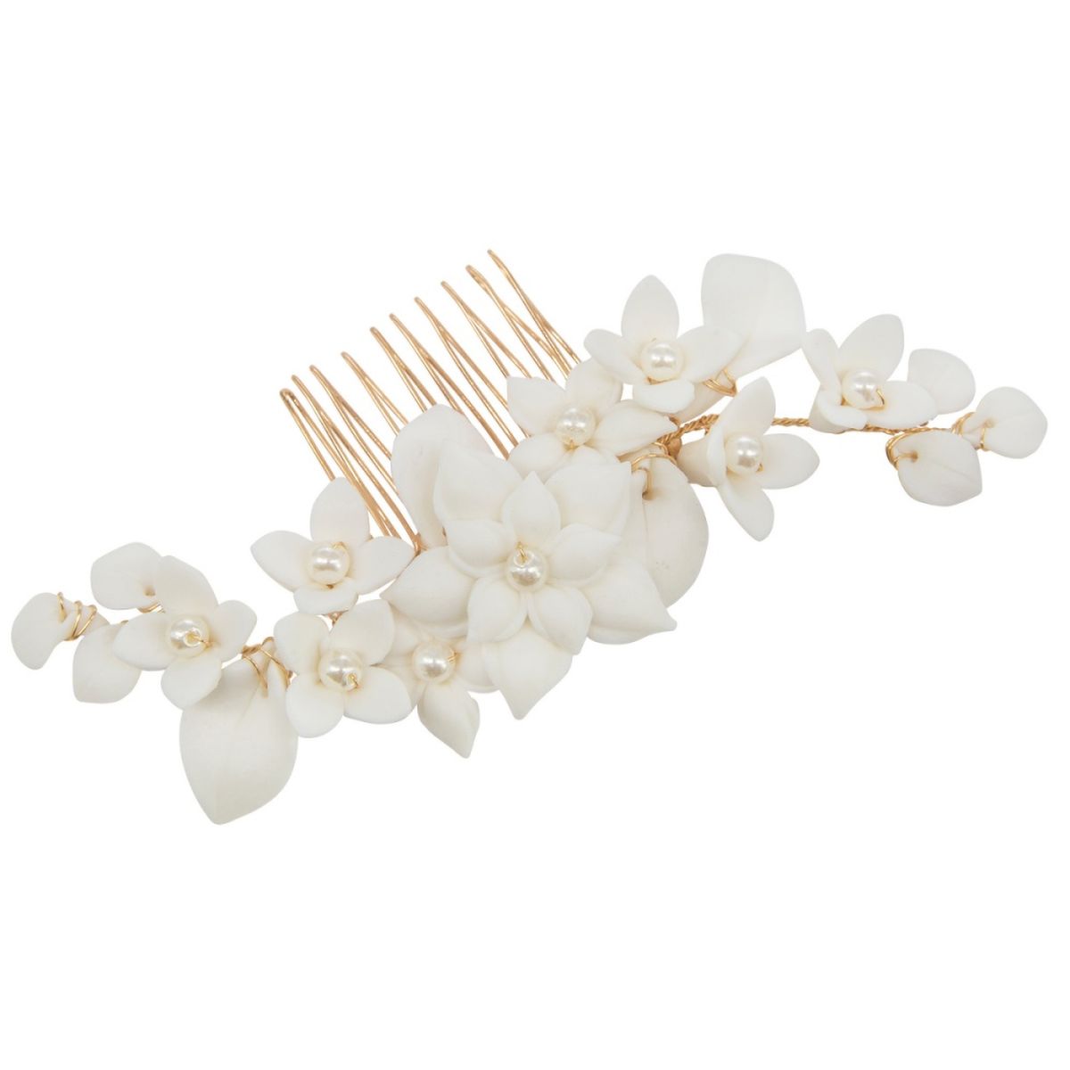 Bruidshaarkam met porseleinen bloemen en parels