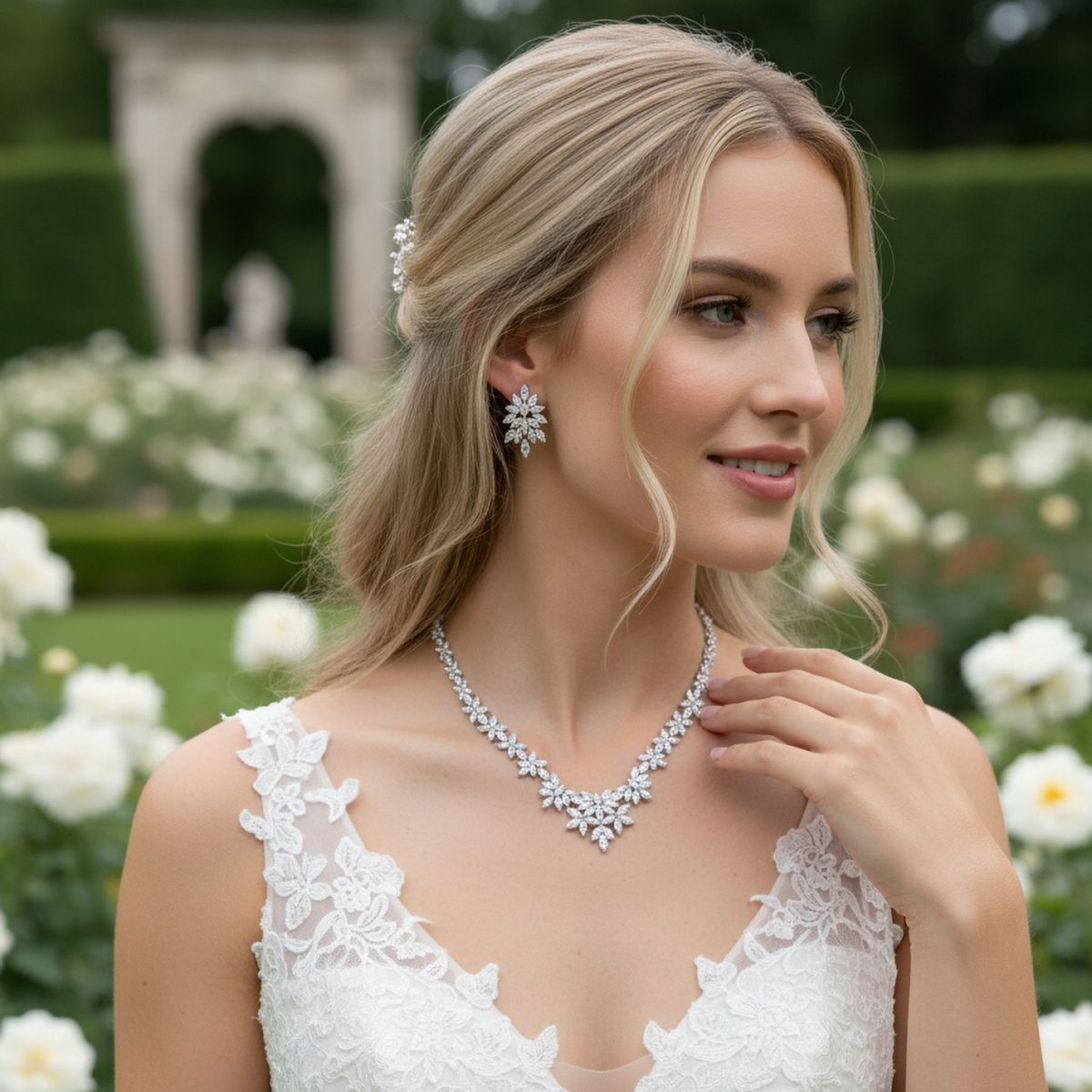 Luxe sieradenset met marquise geslepen kristallen, gedragen door een bruid