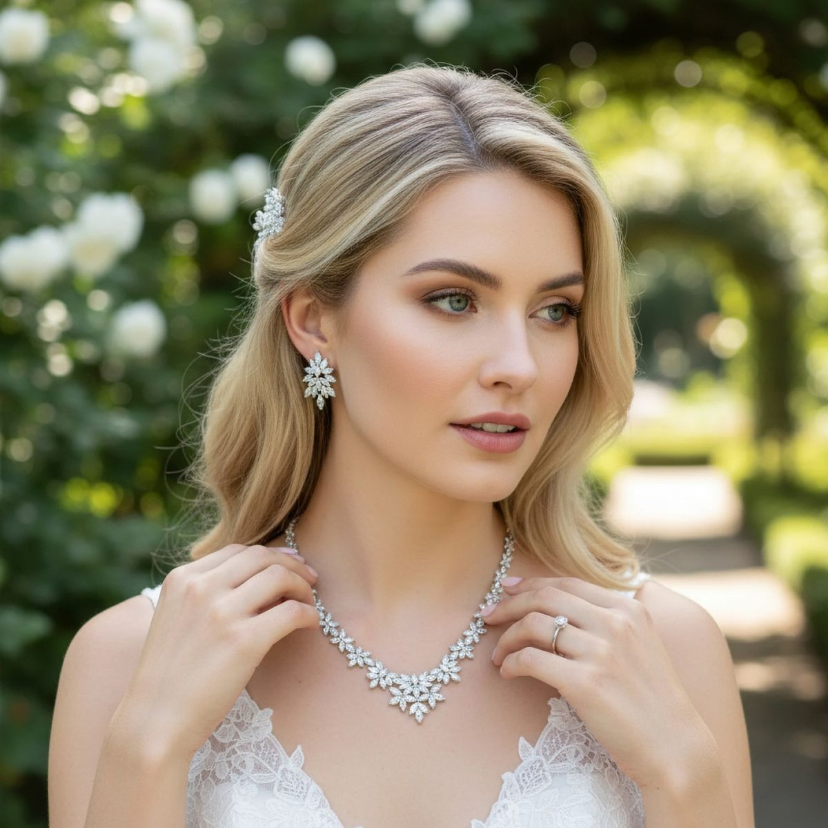 Luxe sieradenset met marquise geslepen kristallen, gedragen door een bruid