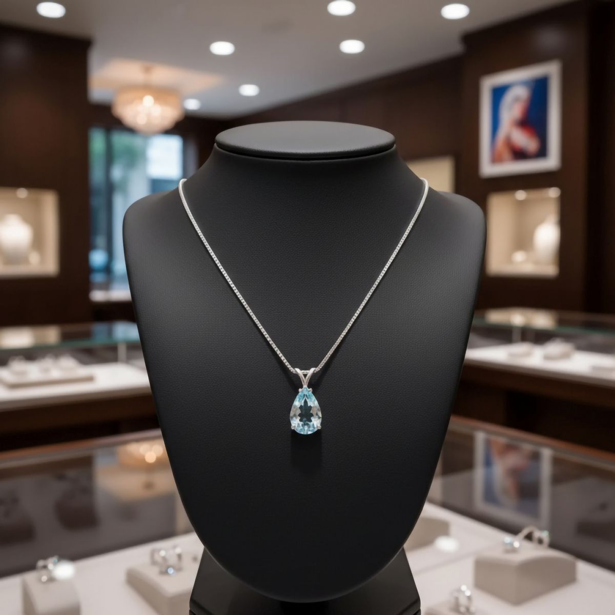 Ketting met aqua blauwe kristal hanger, op een buste