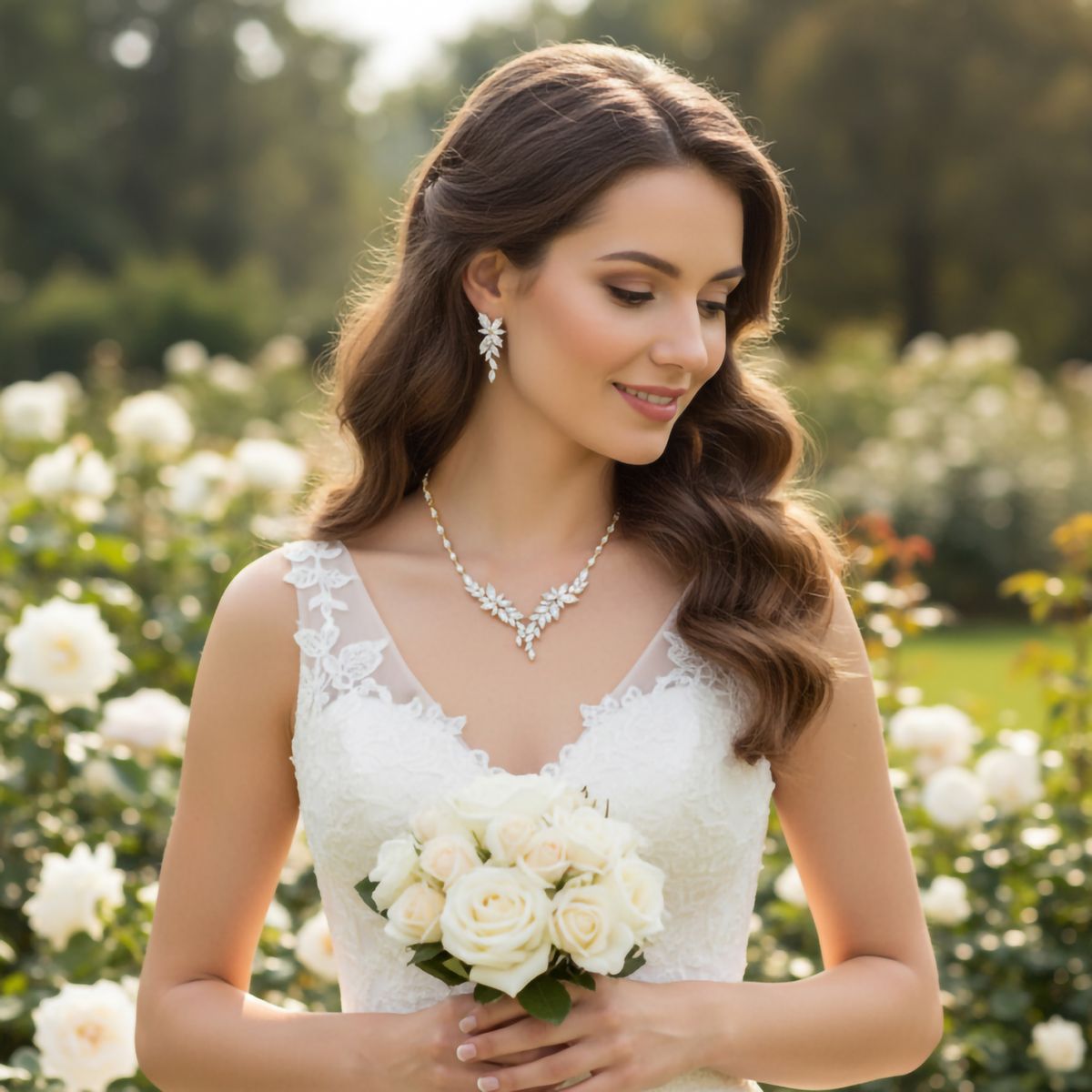 Chique sieradenset met marquise geslepen kristallen, gedragen door een model