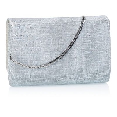 Achterkant van de Zilverkleurige kleine metallic clutch met glitter afwerking