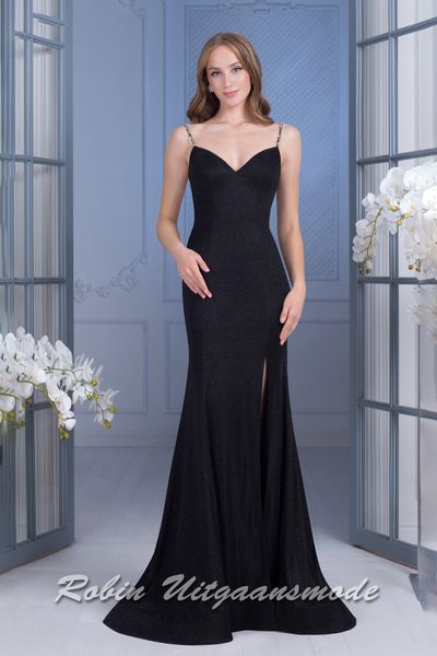 Zeemeermin galajurk met split, een heartshape halslijn, smalle bandjes met glitters en een open rug