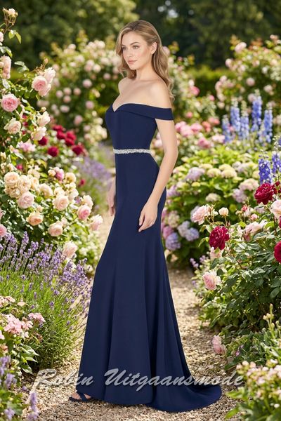 Strapless navy blauwe galajurk met afhangende schouderbanden