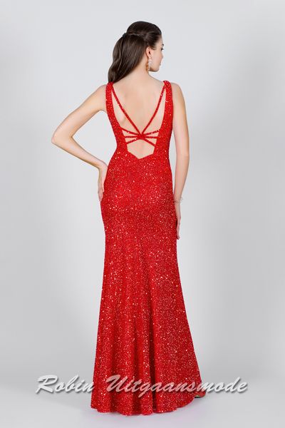 Open rug met banden in sterpatroon van de Rode glitterjurk met split