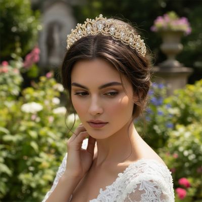 Tiara met marquise geslepen kristallen, gedragen door een bruid