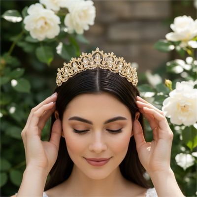 Tiara met marquise geslepen kristallen, gedragen door een bruid