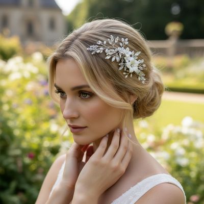 Delicate bloemen haarspeld met imitatie parels, gedragen door een bruid