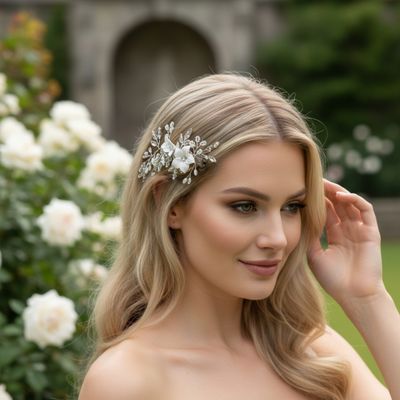 Delicate bloemen haarspeld met imitatie parels, gedragen door een bruid