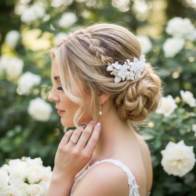 Bruidshaarkam met porseleinen bloemen en parels, gedragen door een bruid