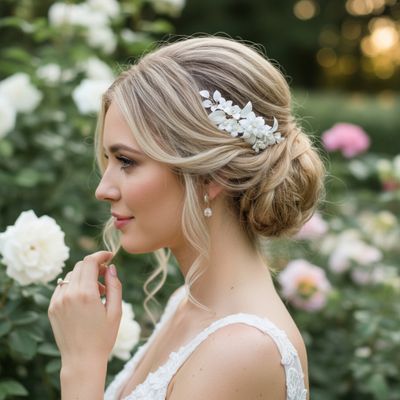 Bruidshaarkam met porseleinen bloemen en parels, gedragen door een bruid