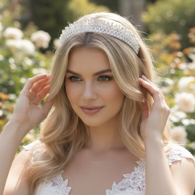 Glamour bruidstiara met zirkonia kristallen, gedragen door een bruidsmodel