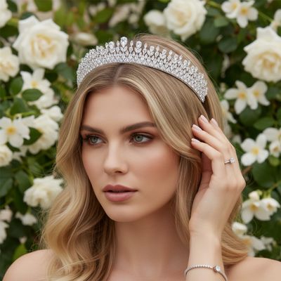 Glamour bruidstiara met zirkonia kristallen, gedragen door een bruidsmodel