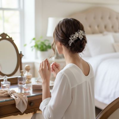 Luxe haarkam versierd met parels en heldere kristallen, gedragen door een model