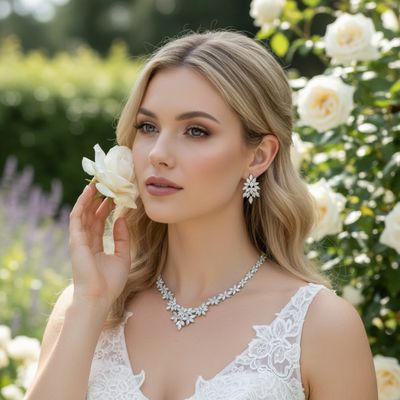 Luxe sieradenset met marquise geslepen kristallen, gedragen door een bruid