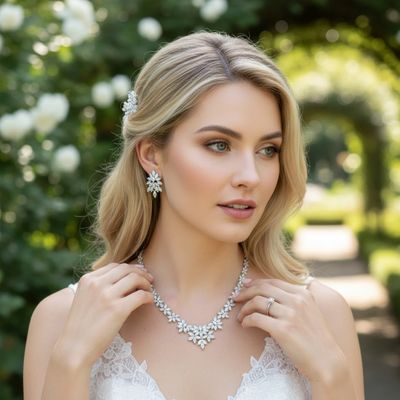 Luxe sieradenset met marquise geslepen kristallen, gedragen door een bruid