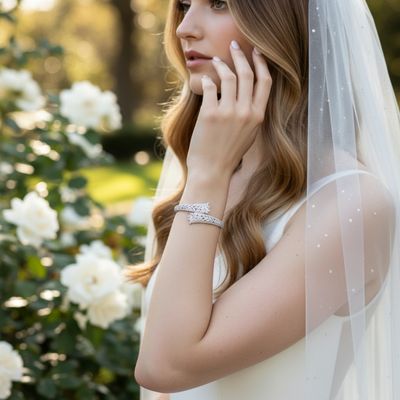 Luxe armband met sprankelende zirkonia kristallen, gedragen door een bruid