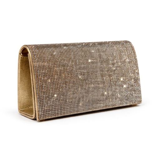 Zijaanzicht van de Goudkleurige Glitter enveloptas bedekt met schitterende steentjes