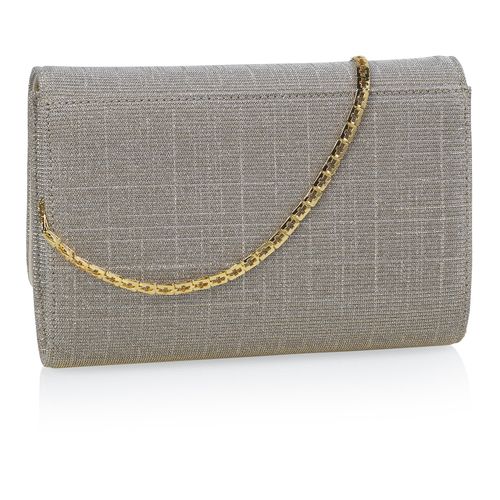 Achterkant van de Goudkleurige kleine metallic clutch met glitter afwerking