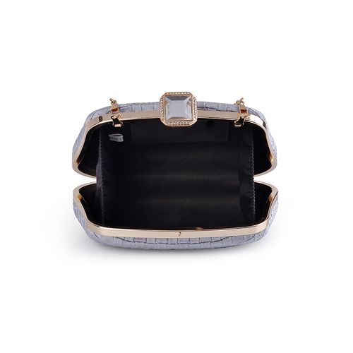 Zilverkleurige Fluweel clutch met diamant style sluiting, open stand