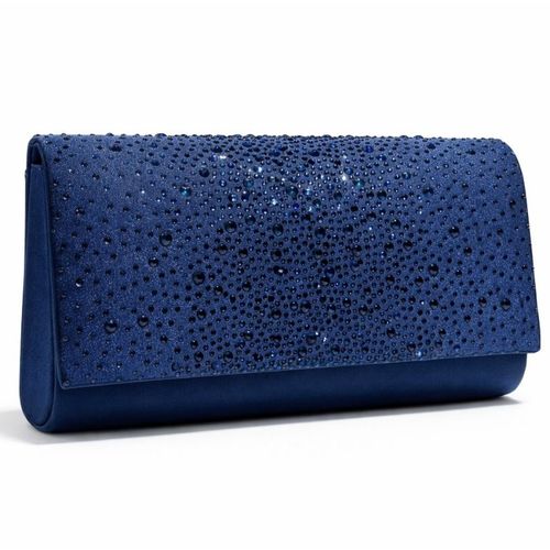 Zijaanzicht van de Navy blauw enveloptasje rijkelijk versierd met glazen halve bolletjes, welke druppel gewijs zijn verspreid over de klep